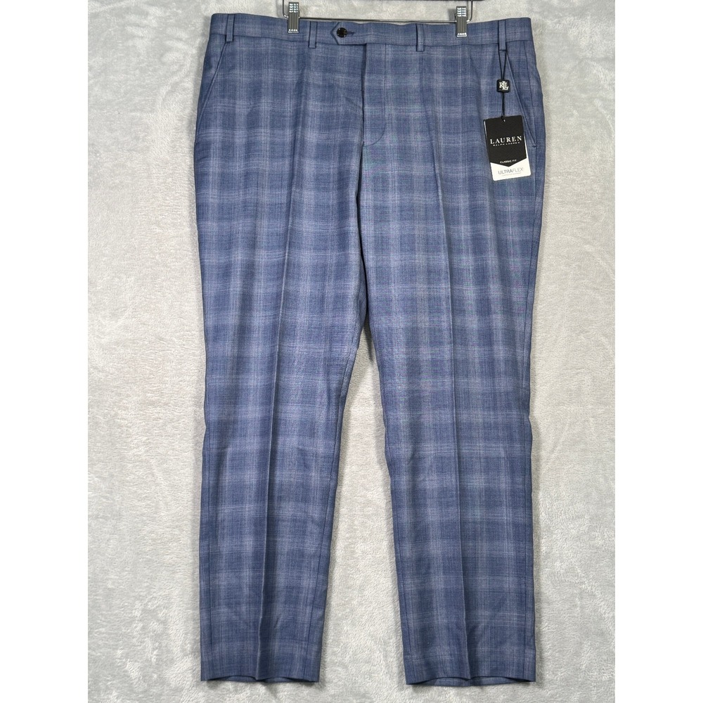 Lauren Ralph Lauren Pants Mens 40x30 Blue Plaid Edgewood Ultraflex Wool Blend